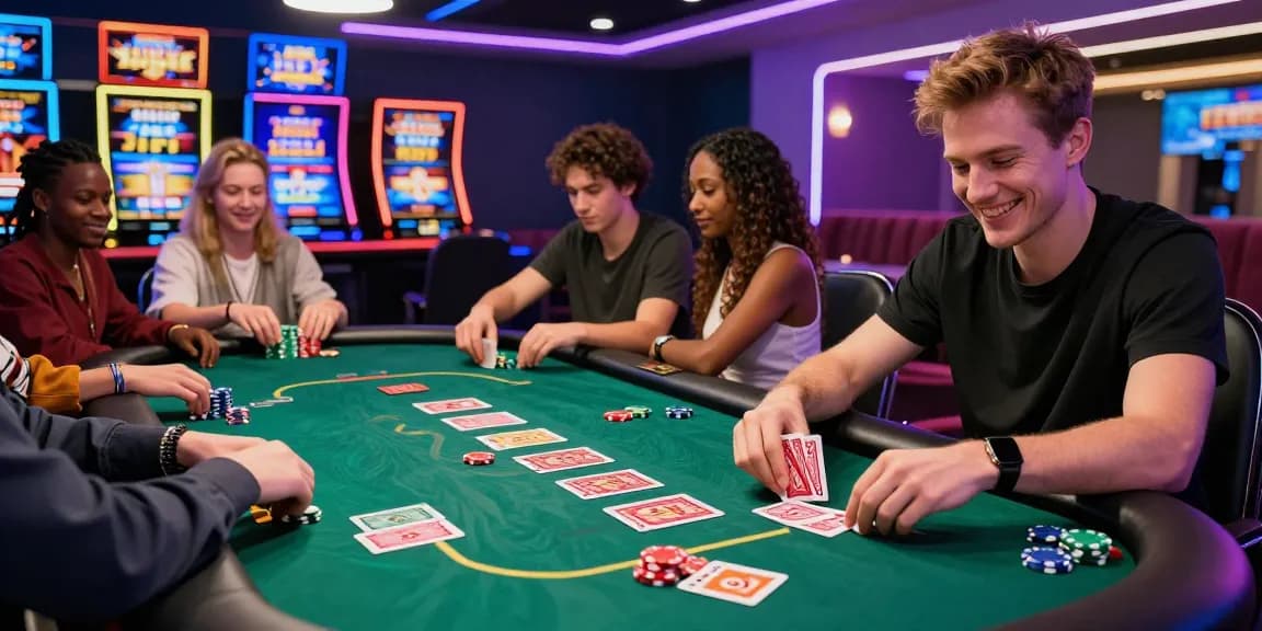 Exciting gaming atmosphere highlighting new online casinos with players at a vibrant table, colorful chips, and digital displays.
