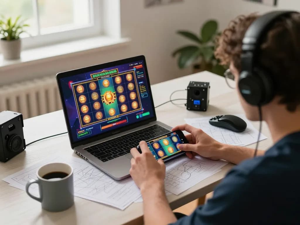 Pemain menikmati slot online aman788 di rumah, fokus pada permainan strategis dengan catatan dan gadget