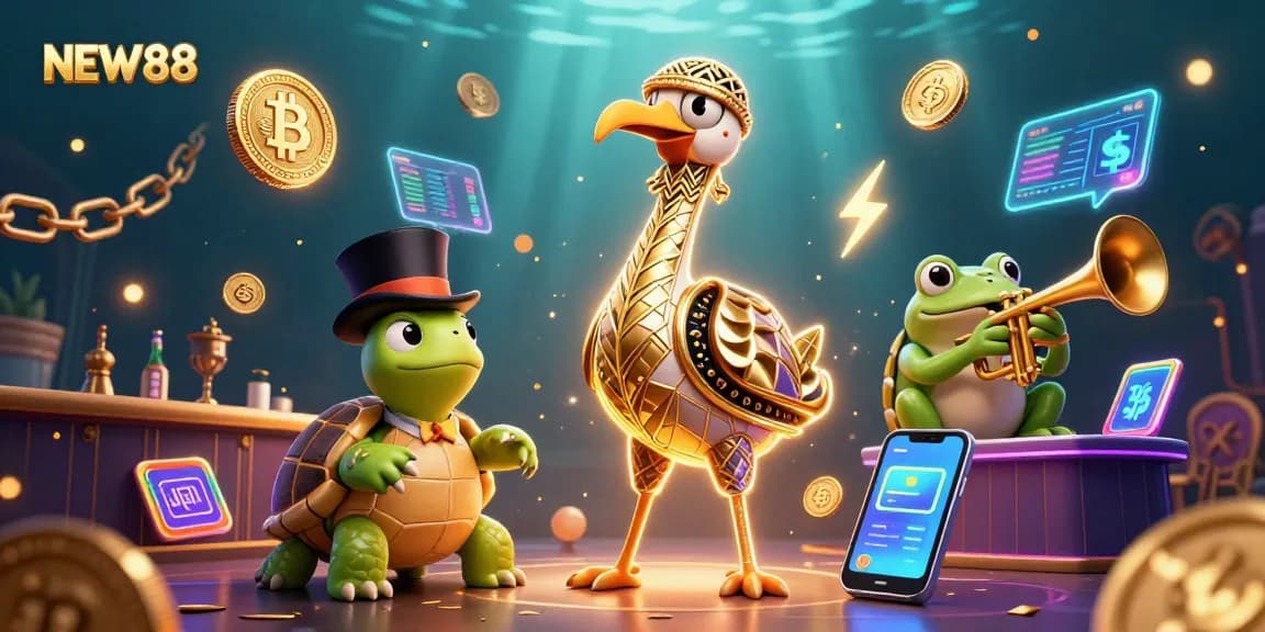 Engage with NEW88’s vibrant gaming world featuring unique characters and rich casino elements.