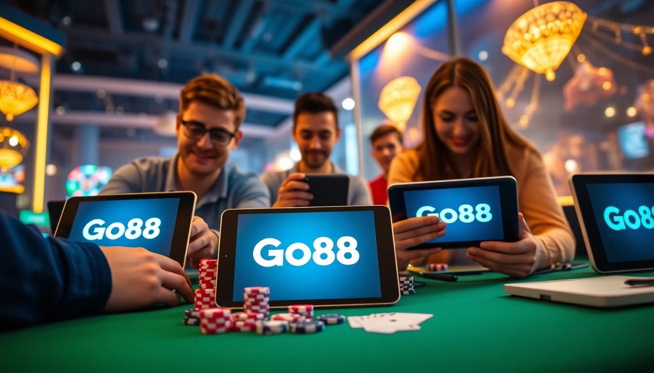 Players enjoying online games at go88.bio, surrounded by gaming elements like chips and cards.