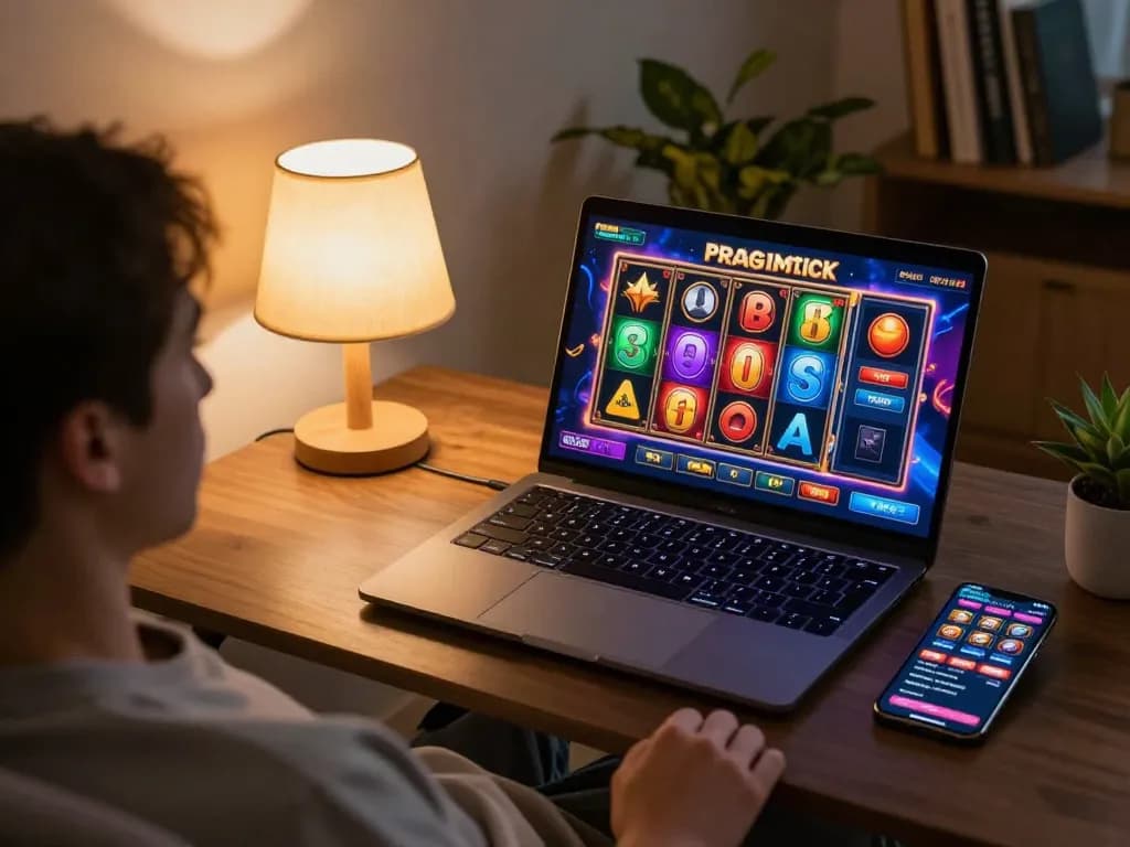 Engaging with a Pragmatic Slot on a laptop in a cozy home gaming setup with strategic focus