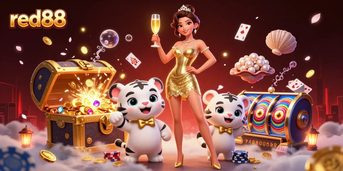 Experience winning at red88 with a glamorous scene featuring a stylish lady celebrating with casino elements.