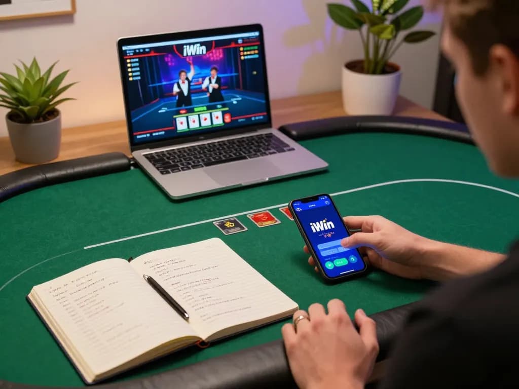 iWin user engaging with online poker gameplay on tablet, revealing strategy notes and laptop for immersive gaming.