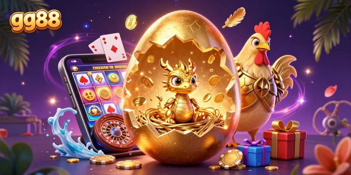 Win big with gg88: An exciting casino scene featuring a golden egg, baby dragon, and vibrant gaming elements.