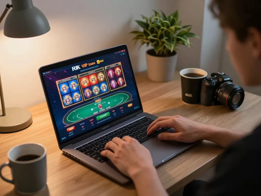 Player engaging in online gaming with rik vip on laptop, showcasing strategic gameplay