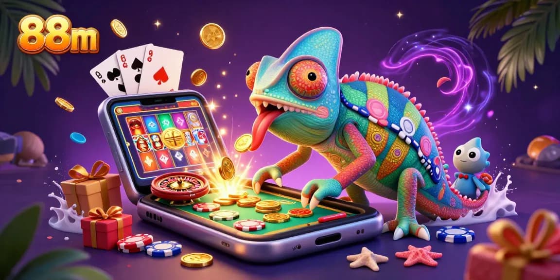 Experience excitement at 88m with a vibrant casino illustration featuring a chameleon owner and lively gaming elements.