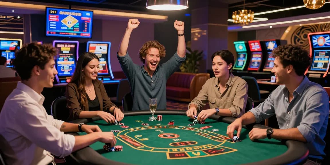 Exciting casino scene at a credit card casino showcasing a diverse group of players celebrating wins, highlighting https://dea.org.uk credit card gaming experience.
