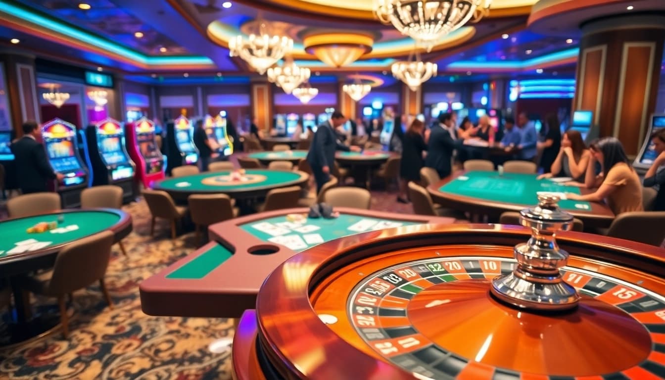 Experience the thrill of the GO8 casinos showcasing excitement at gaming tables and vibrant roulette wheels.