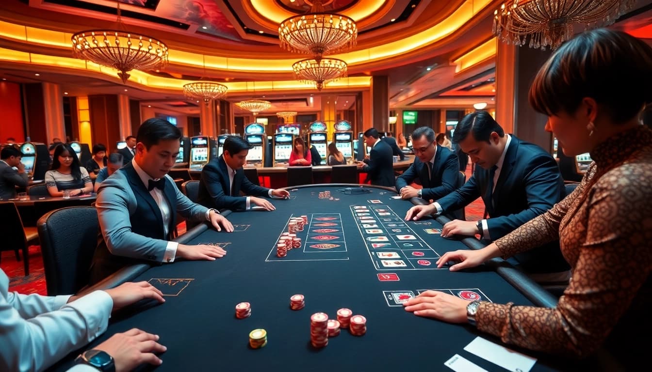 Experience thrilling gambling at NA777 with engaging dealers, cards, and vibrant casino elements.