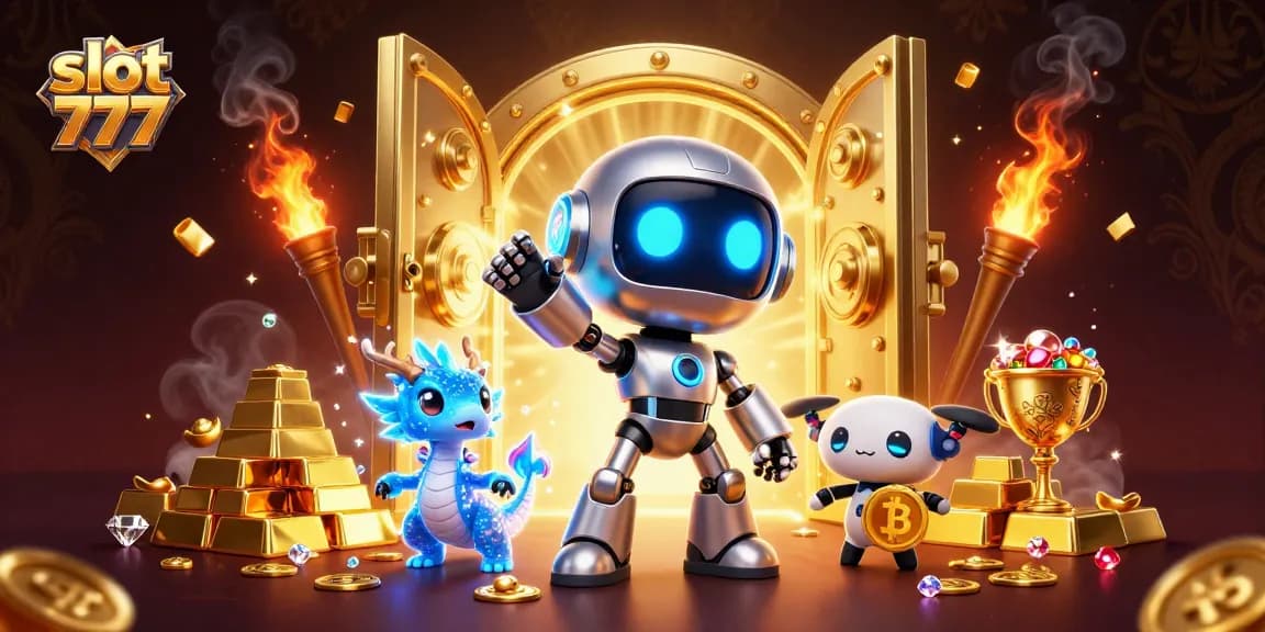Spin to win big with slot 777 as neon characters showcase dazzling treasures.