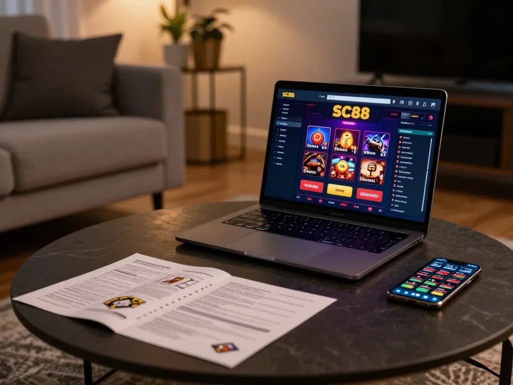 Engaged player enjoying SC88 casino interface on a laptop, surrounded by strategy notes and devices