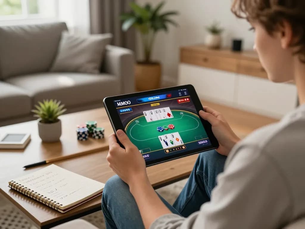 Engaging in MMOO online casino poker game from a cozy home setup with strategic notes.