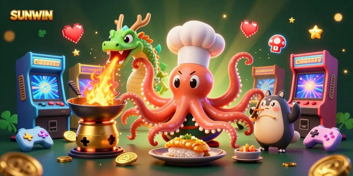SUNWIN delivers gambling excitement as a sushi chef octopus prepares dishes with a dragon and a tanuki enjoying the show.