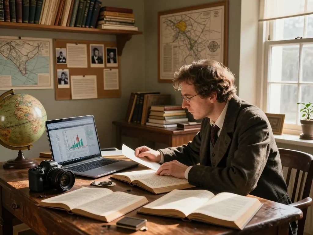 Researcher at https://dohistory.group/ analyzing historical artifacts and documents in a cozy study.
