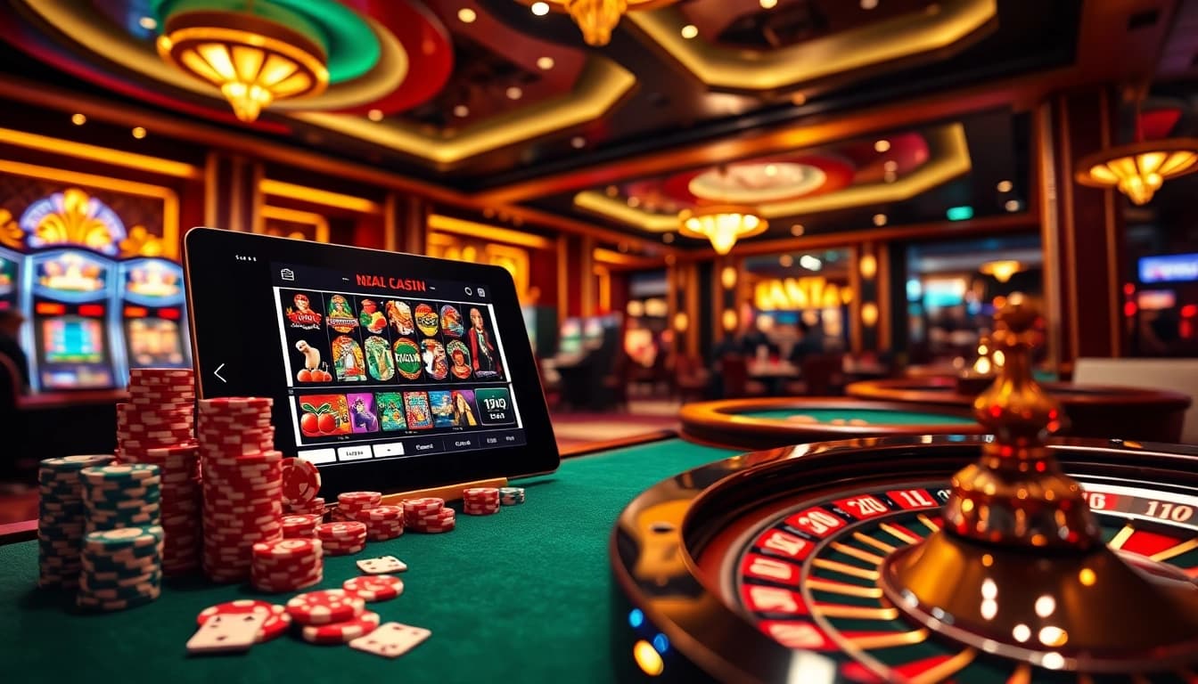 Engaging casino scene displaying strategic betting on Nhà cái uy tín with poker chips and roulette wheel