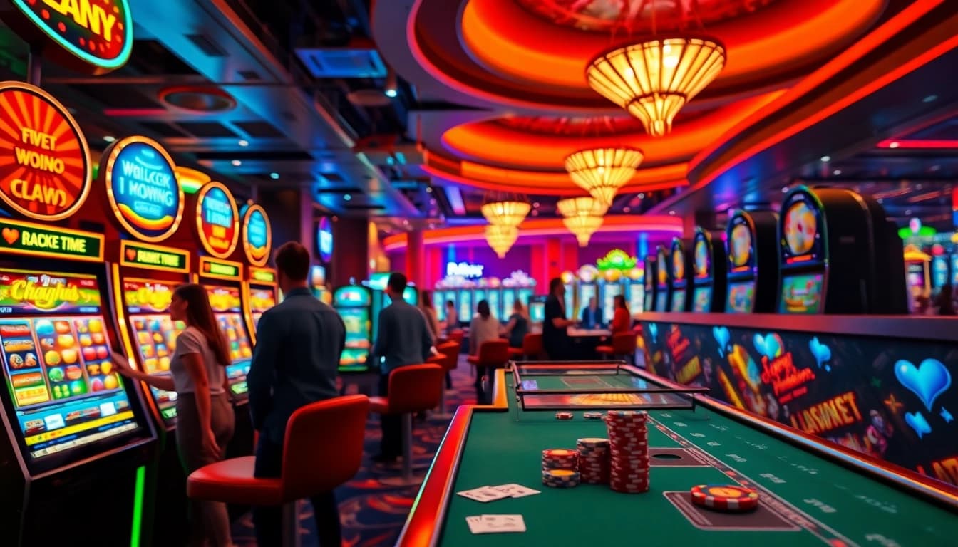 Casino spielen in einer lebhaften Umgebung mit Spieltischen und glücklichen Spielern.