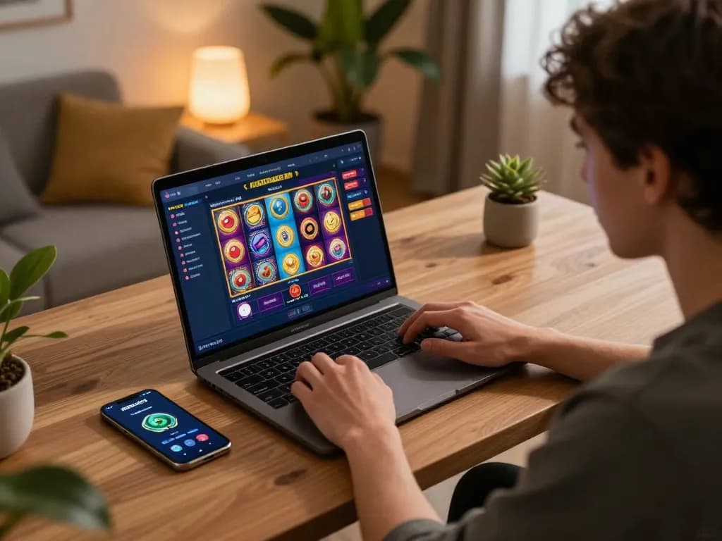 Engaging user playing kdslot online on a sleek laptop in a cozy home office setting.