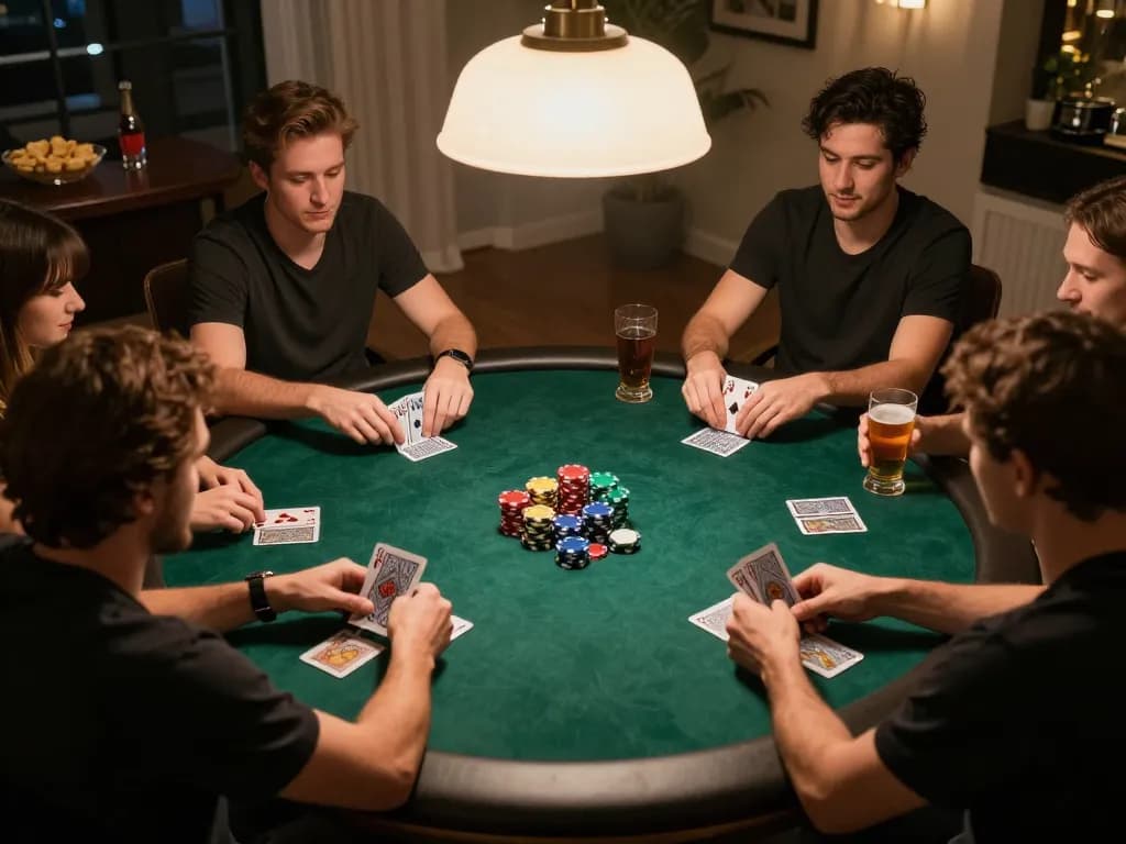 Pfly88 poker night with friends, showcasing an engaging home game environment filled with chips and camaraderie.