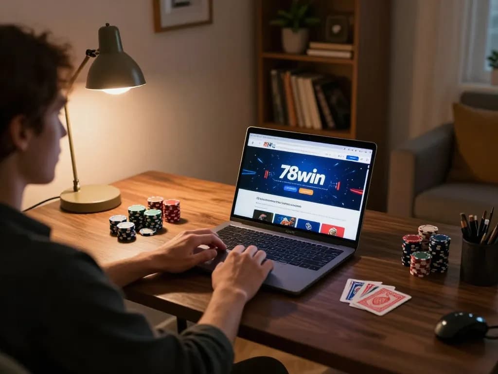 Engaging online gaming experience at 78win with player using laptop in cozy home office
