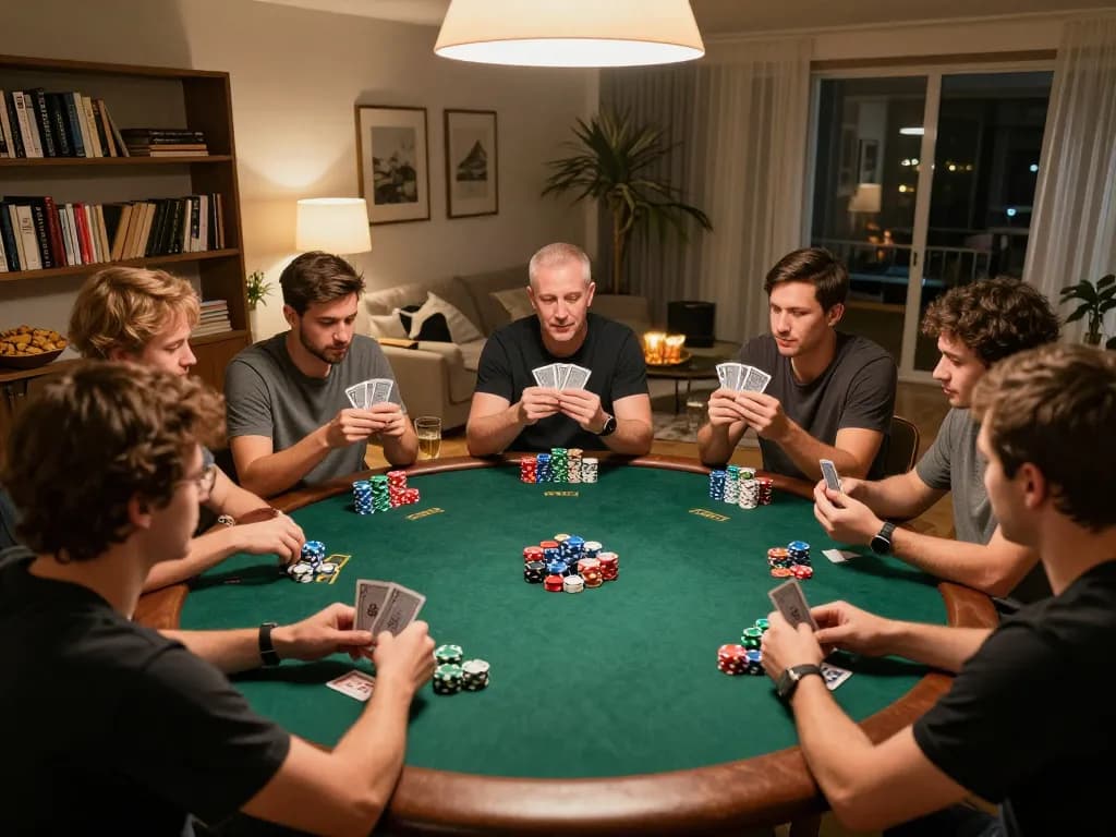 Poker night with friends showcasing mb88slot strategies and colorful chips on the table