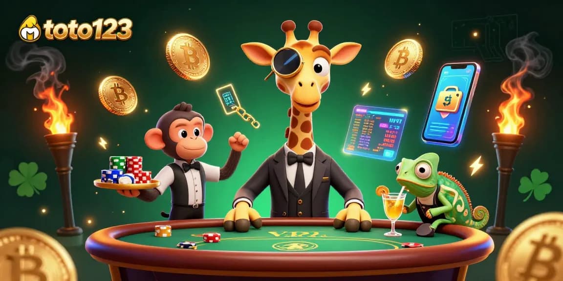 Engage with toto123's vibrant casino scene featuring unique characters and neon crypto elements.