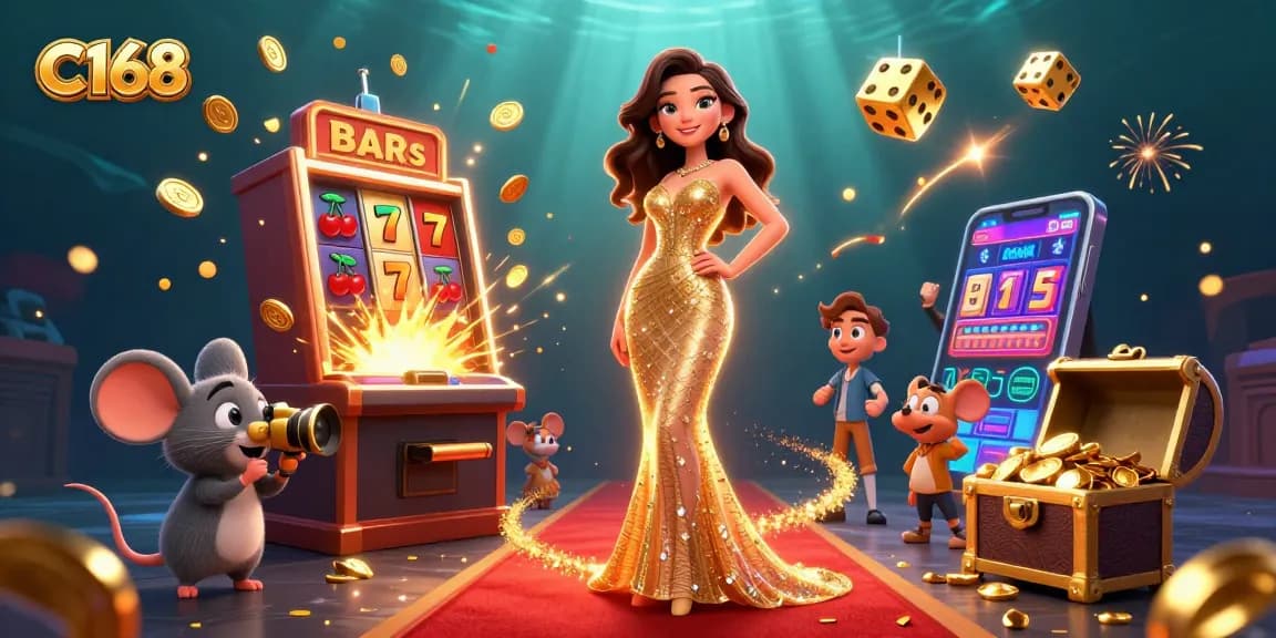 Play slots and win big with C168 surrounded by dazzling casino elements and glamorous characters.