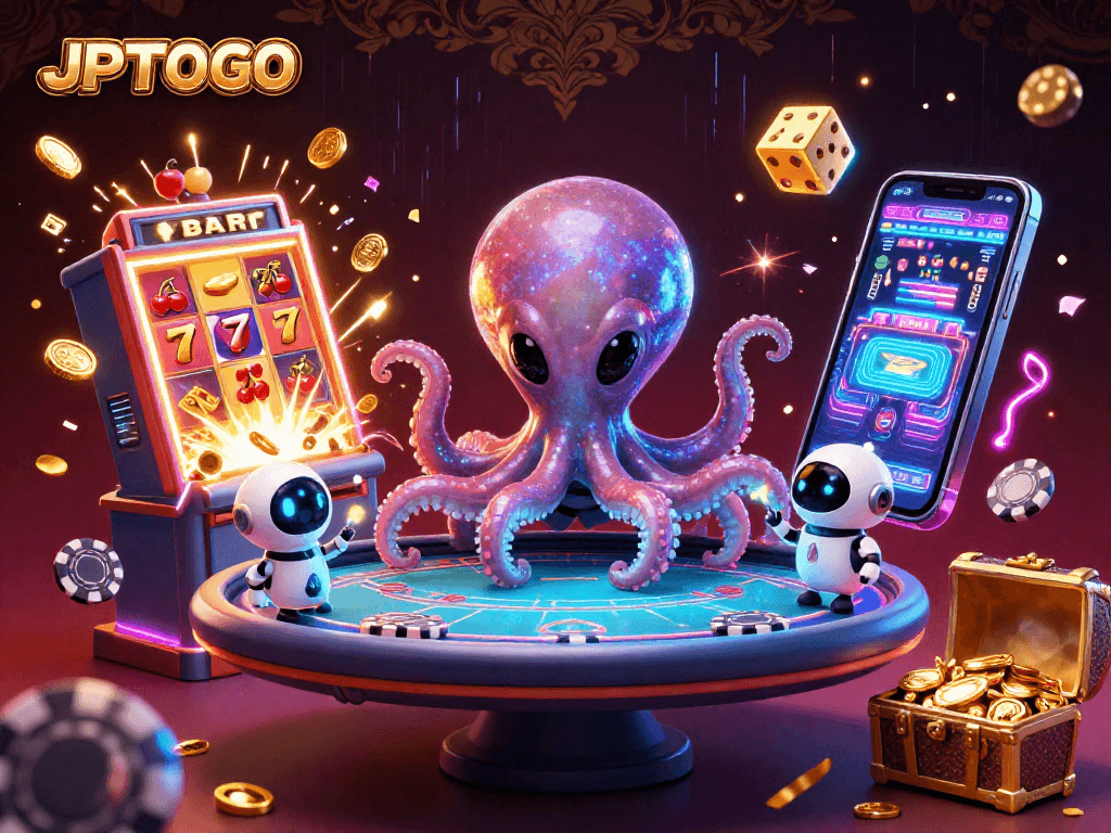 Engaging scene of JPTOTO with jackpot thrills, 3D alien octopus at a poker table.
