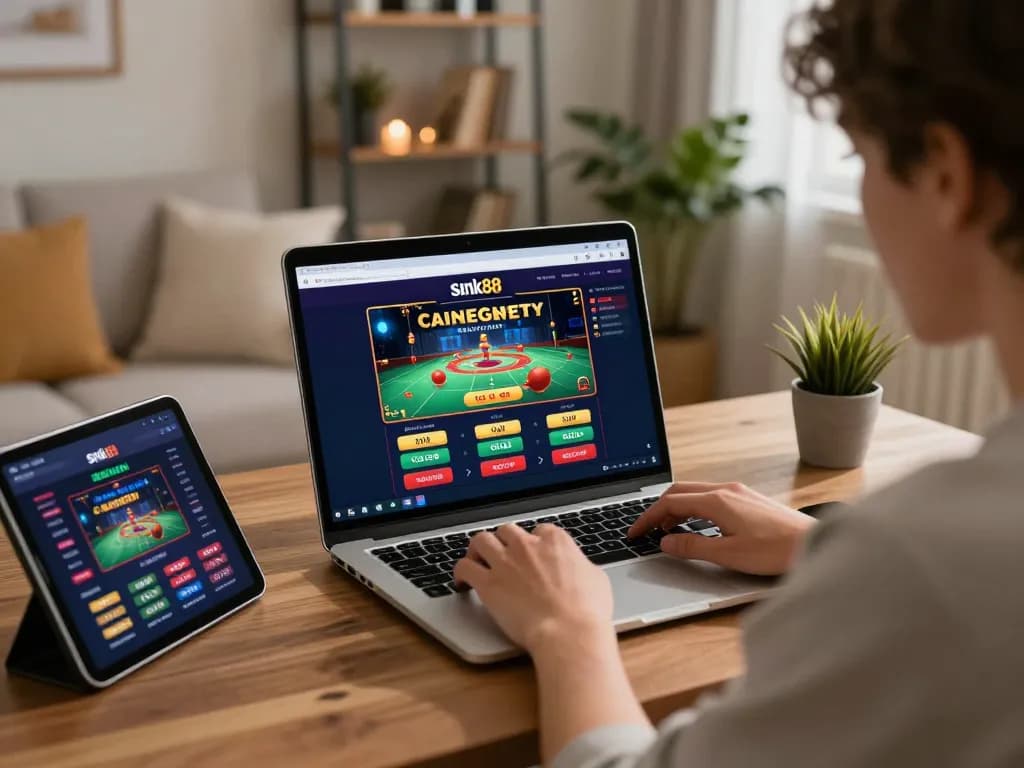 Player engaging with snk88 online casino on a sleek laptop in a cozy home setting