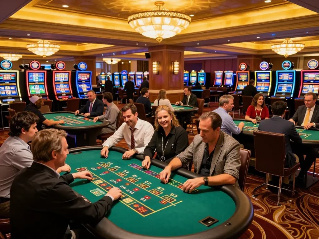 GO8 players strategizing bets at green felt tables amidst the vibrant casino atmosphere