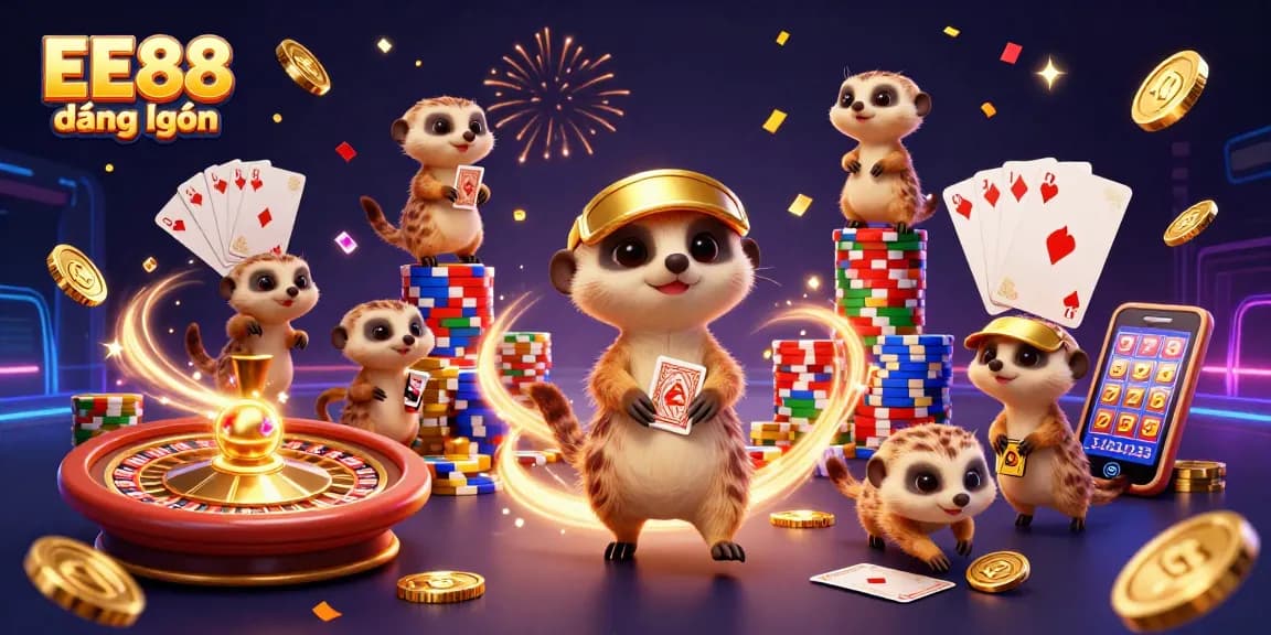Engage with exciting gaming at EE88 đăng nhập, featuring dynamic meerkats managing a vibrant casino scene.