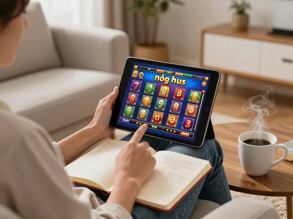 Engaging in nổ hũ online gaming at home, showcasing strategy with betting notes.