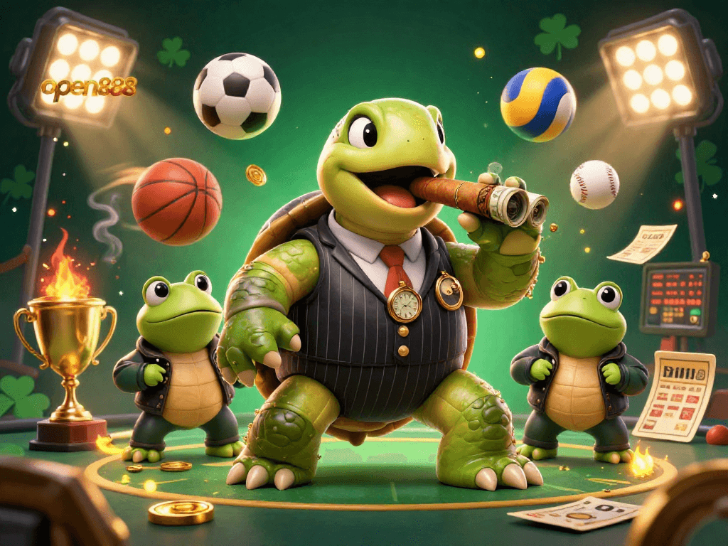 Experience the thrill at open888 with a casino scene featuring a snapping turtle mobster and sports elements.
