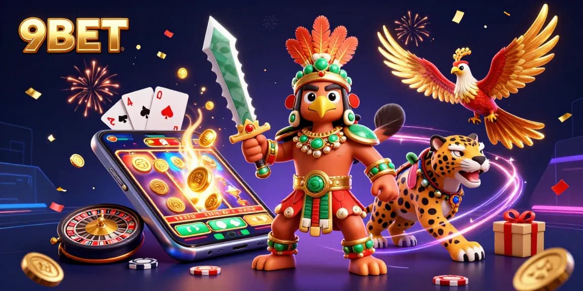 Experience the thrill of 9BET with an Aztec warrior and jaguar amidst dynamic casino games.