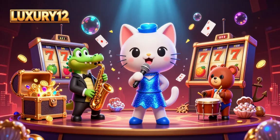 LUXURY12 offers thrilling slot games with unique features and vibrant characters in a captivating illustration.