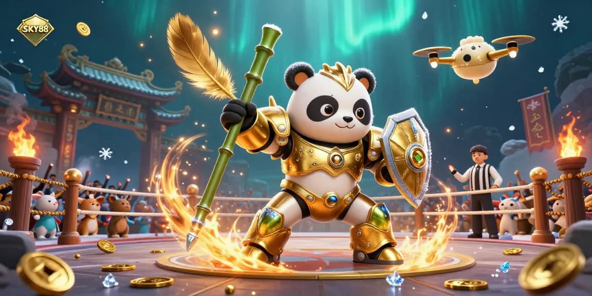Experience thrilling gaming action with SKY88 as golden panda characters dominate the vibrant arena.