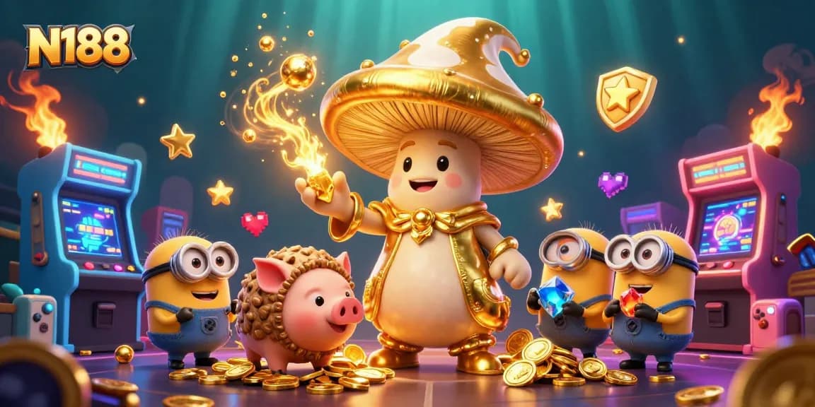 N188 players experience thrilling magic with a wizard, pig, and gem-carrying mushrooms in a vibrant gaming world.
