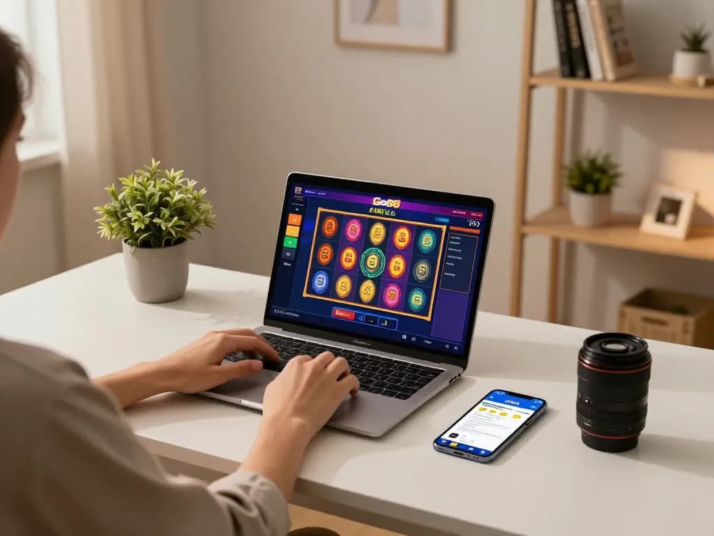 Engaging in Go88 online gaming on a laptop while enjoying a cozy home atmosphere.