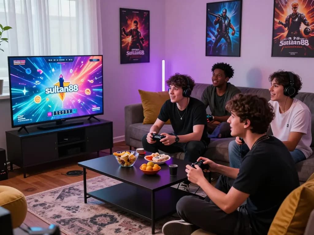 Group of friends enjoying an engaging gaming session around the sultan88 logo, showcasing excitement and camaraderie.