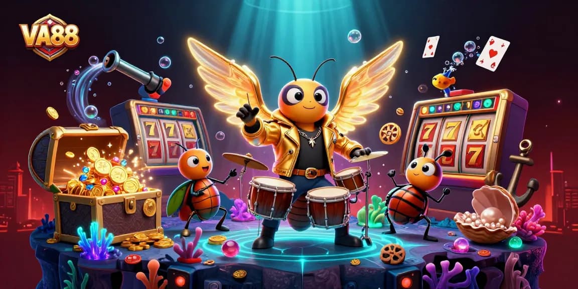 Win big with VA88's electric casino experience featuring vibrant cartoon characters and gaming elements.