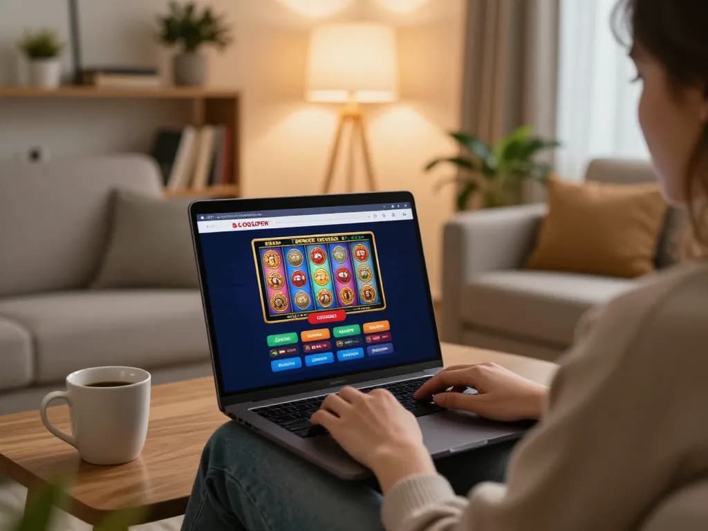Person engaging with LGOSUPER online casino on a laptop, showcasing a cozy home gaming setup.
