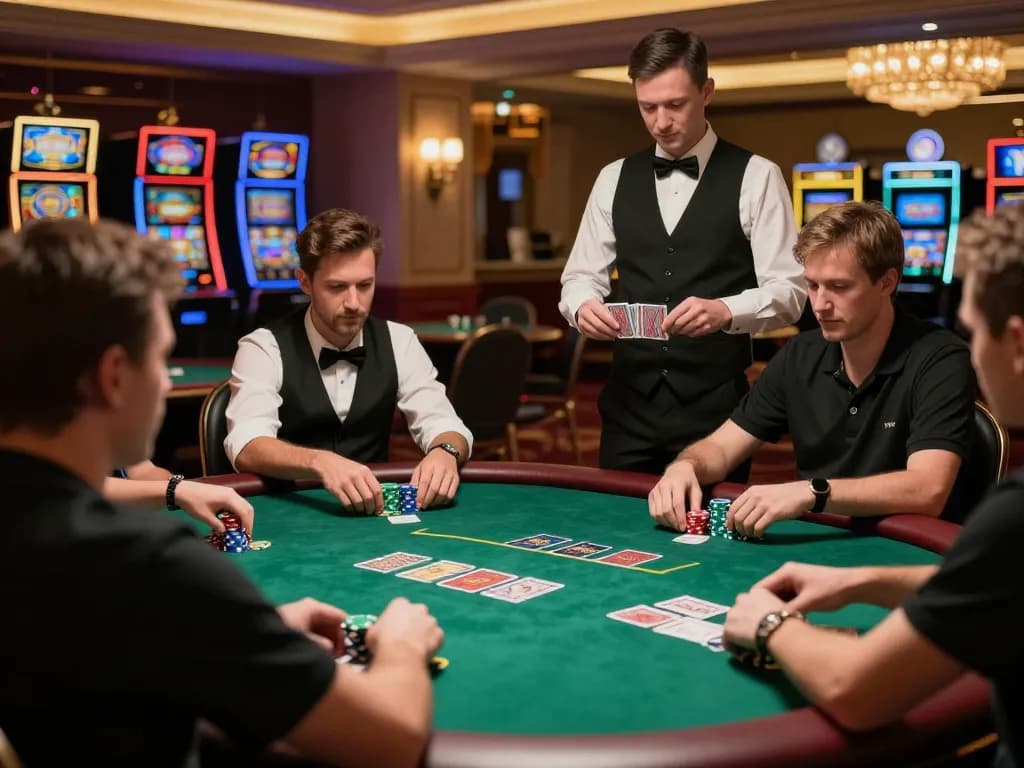 RR88 players strategizing at an upscale poker table, showcasing an exciting gambling atmosphere with focus on gameplay.