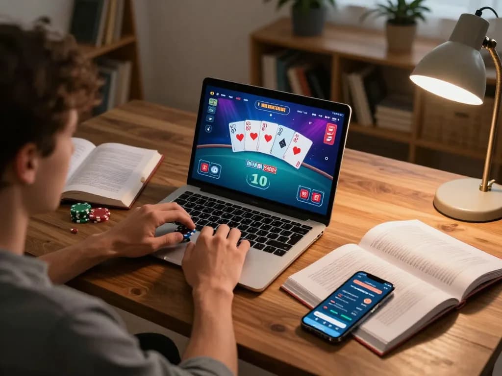 Player engaging in online gambling on TO288 poker platform with laptop, showcasing responsible gaming environment.