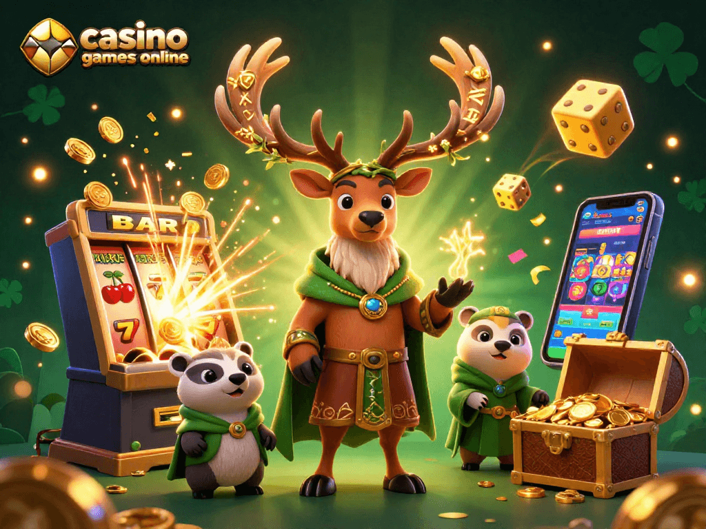 Engage with casino games online featuring a vibrant 3D scene of a mystical stag in a bustling casino atmosphere