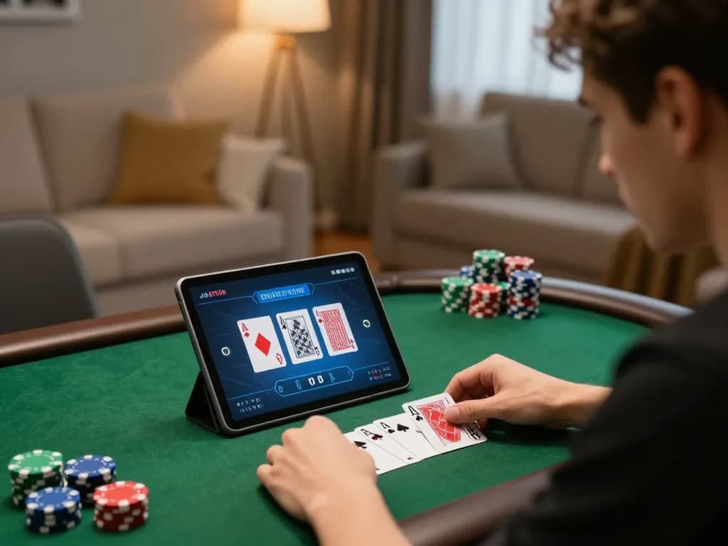 Player strategizing in an online poker game on MM 99 platform in cozy home setting.