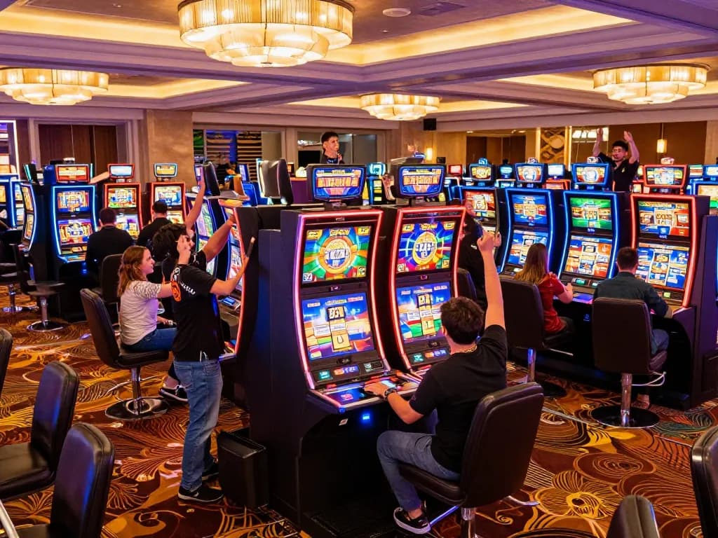 Experience thrilling slot games at 888New with vibrant colors and exciting wins in a busy casino.