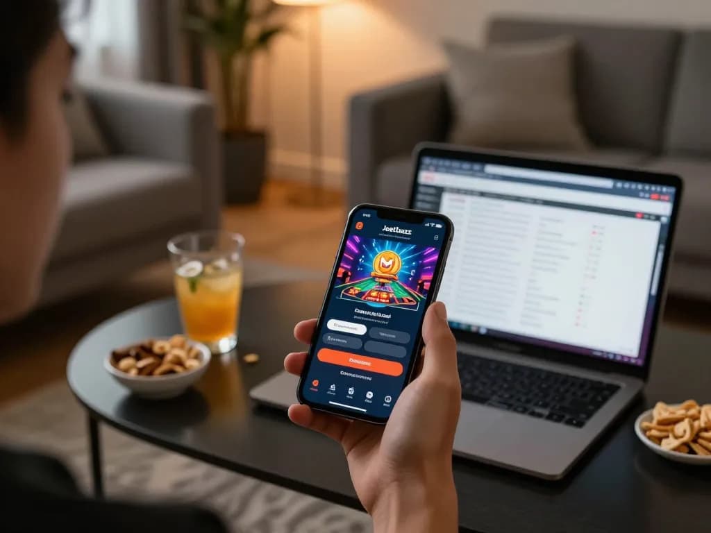 Engage in thrilling online gambling with the Jeetbuzz Download App showcased on a smartphone in a cozy setting.