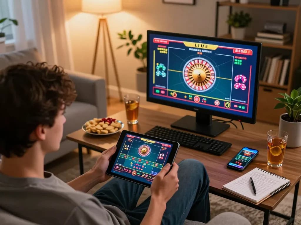 Player engaging in live roulette game on hi88 platform using a tablet in a cozy home setting.