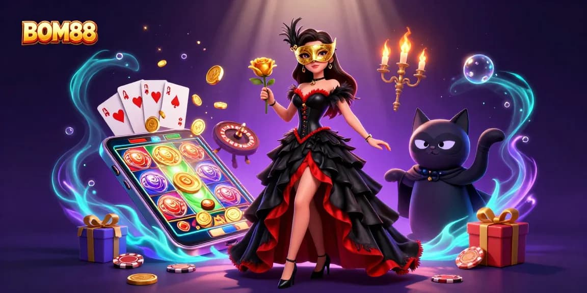 BOM88 reveals the excitement of casino gaming with spinning slots, cards, and vibrant visuals.