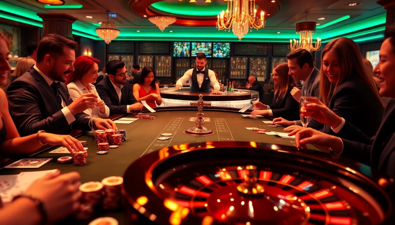 SODO casino scene with vibrant gaming table, poker chips, and roulette wheel, capturing excitement and luxury.