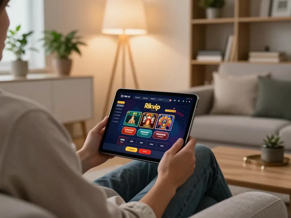 Engage with Rikvip's online casino app on a tablet in a cozy living room.